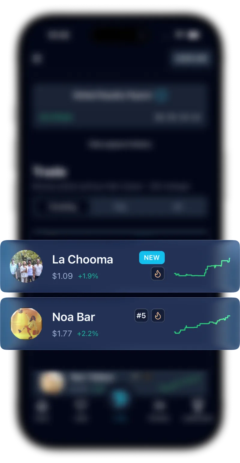 The Tone Music app showing Artist Shares with live prices and charts